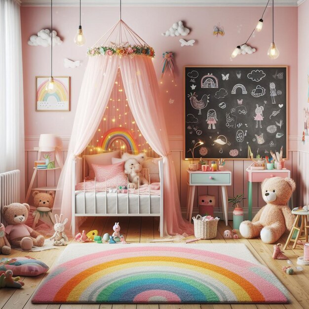 Foto ein kinderzimmer mit einem regenbogen und teddybären an der wand