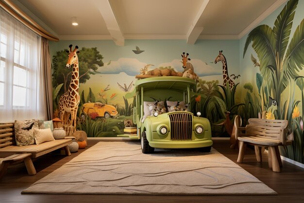 Ein Kinderzimmer mit einem Safari-Tema mit Tierdruck, Bettwäsche, Ferngläsern und einem Safari-Jeep-Spielplatz wird angezündet