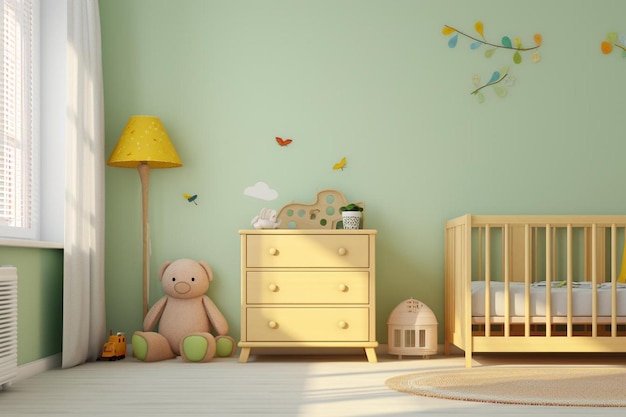 ein Kinderzimmer mit einem Teddybären und einer gelben Lampe.