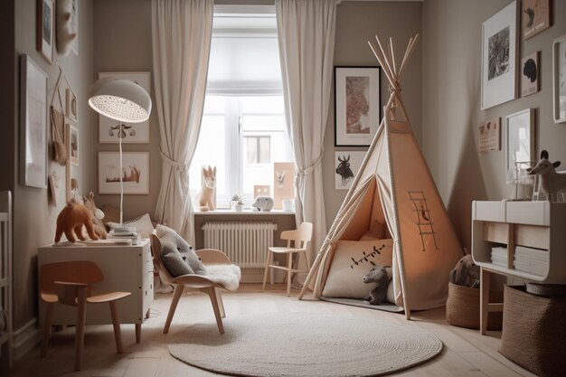 Ein Kinderzimmer mit einem Tipi in der Ecke.