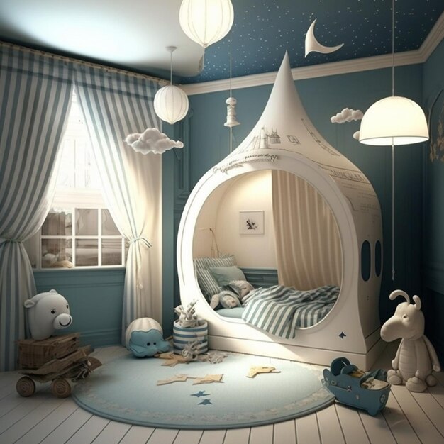 Ein Kinderzimmer mit einem weißen runden Kinderbett und einem blauen Vorhang mit der Aufschrift „Der Mond“.