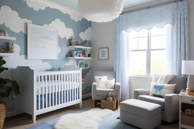 Ein Kinderzimmer mit einer blau-weißen Tapete mit Wolken darauf.