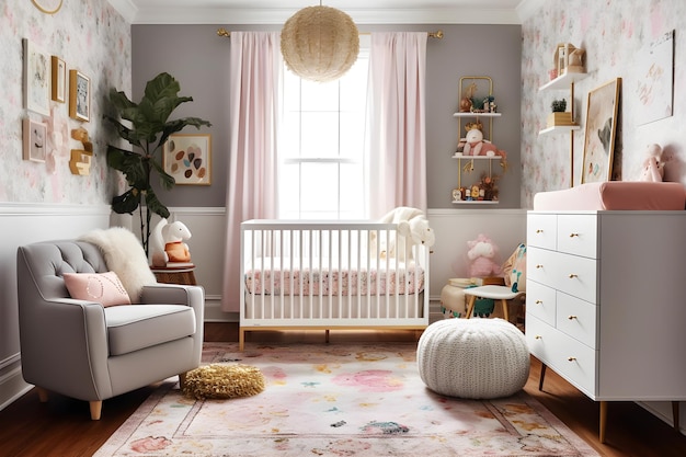 Ein Kinderzimmer mit einer Blumentapete und einem weißen Kinderbett mit einem weißen Kinderbett und einem weißen Kinderbett mit einem weißen Stuhl und einem weißen Kinderbett.