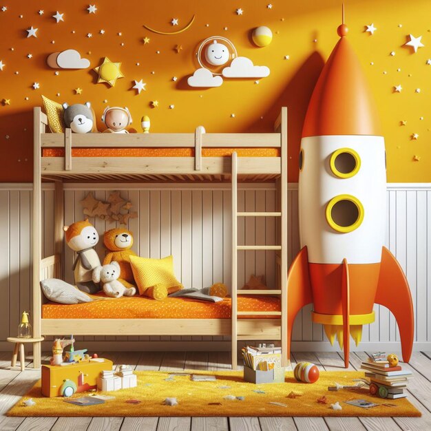 ein Kinderzimmer mit einer Rakete und einer Rakete an der Wand