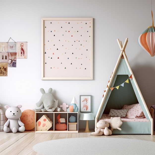 Ein Kinderzimmer mit Tipi und einem Bild an der Wand