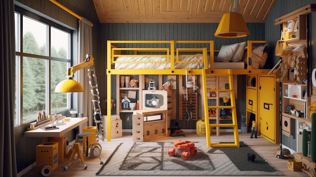 Ein Kinderzimmer zum Thema Bauen mit einem Hochbett, das wie ein Mini-Bauspielzeug-Werkzeugset gestaltet ist