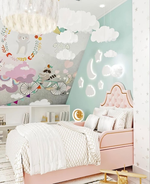 ein Kindes Schlafzimmer mit einem rosa Bett und einem weißen und rosa Bettzeug