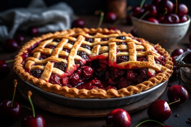 Ein Kirschkuchen mit einer Kirschkruste oben drauf