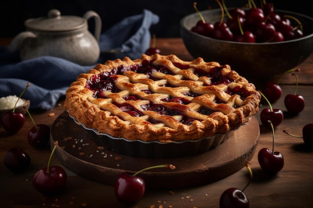 Ein Kirschkuchen sitzt auf einem Holzschneidebrett mit einer Schüssel Kirschen im Hintergrund.