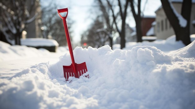 Ein kirschroter Schaufel inmitten von vier Fuß hohen Schneeflächen im Winterwunderland von Chicago