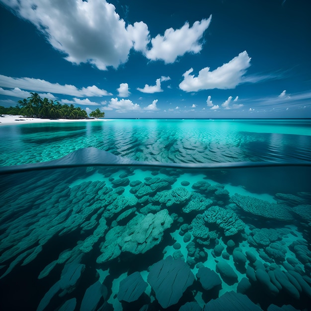 Ein klarer blauer Ozean mit einer grünen Insel im Hintergrund