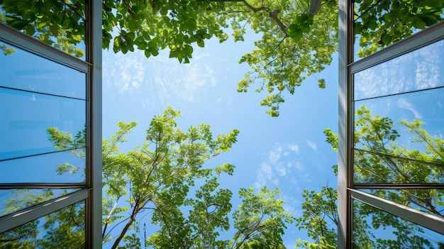 Ein klarer Blick durch ein intelligentes Glasdach, das das Grün und den blauen Himmel jenseits sowie seine