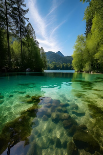 Ein klares blaues Wasser mit Bäumen und Bergen im Hintergrund