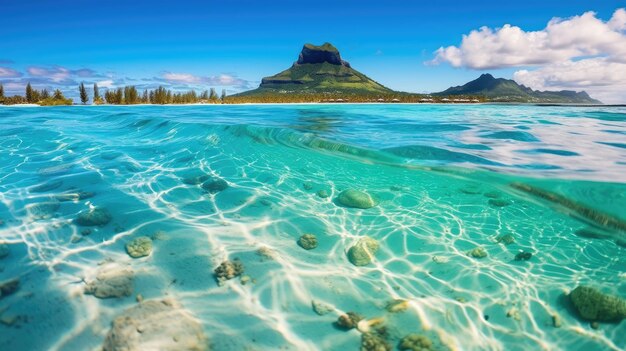 ein klares blaues Wasser mit einem Berg im Hintergrund