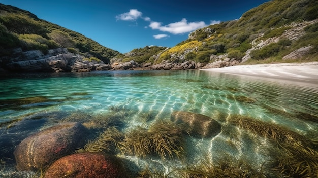 Ein klares Wasser mit Felsen und einem Strand im Hintergrund