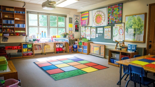 Ein Klassenzimmer, das mit Bildungsplakaten geschmückt ist