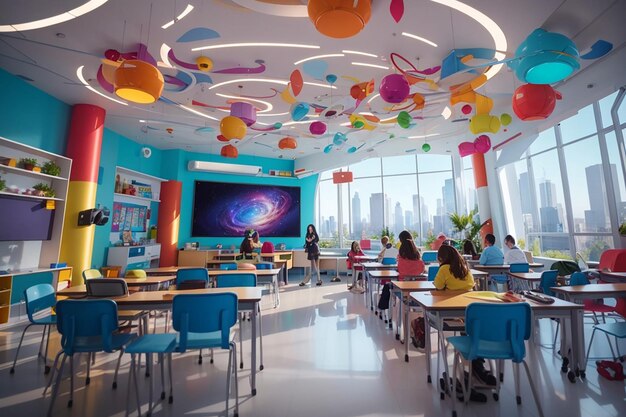 Ein Klassenzimmer der Zukunft mit einer lebendigen, farbenfrohen Atmosphäre und einer Vielzahl interaktiver Lernwerkzeuge