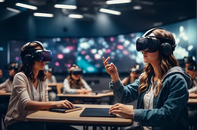 Ein Klassenzimmer, in dem Schüler VR-Headsets für immersive pädagogische Erfahrungen verwenden