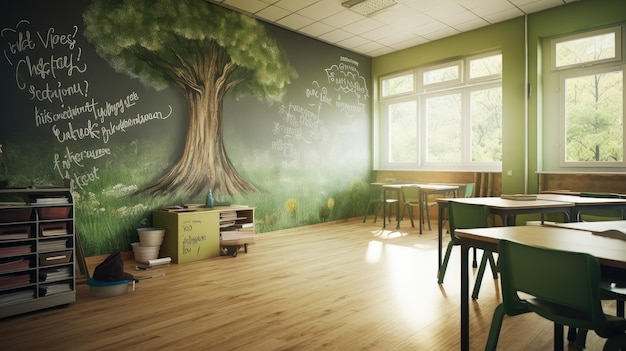 Foto ein klassenzimmer mit einem baum an der wand, auf dem „das wort“ steht. 