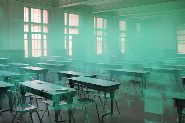 Ein Klassenzimmer mit einem grün-weißen Schreibtisch und einem Fenster.