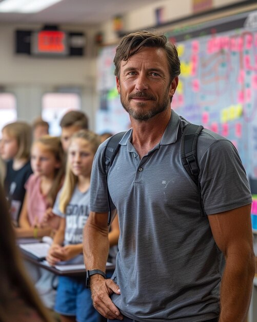 Foto ein klassenzimmer mit einem lehrer, der den hintergrund erklärt