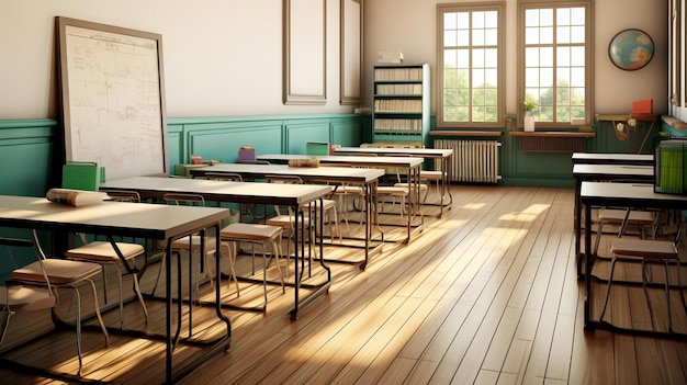 ein Klassenzimmer mit einem Schreibtisch und Stühlen mit einem Fenster im Hintergrund