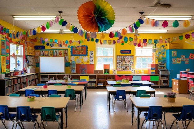 Ein Klassenzimmer mit einer gelben Wand und einer Regenbogendekoration, die von der Decke hängt.