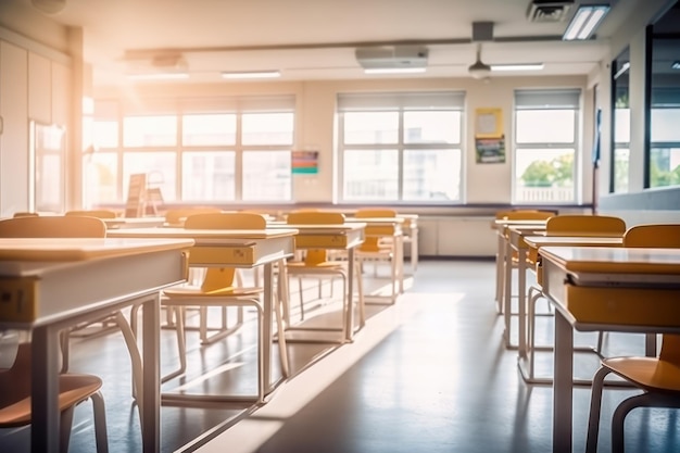 Ein Klassenzimmer mit einer hellen Sonne, die auf das Fenster scheint