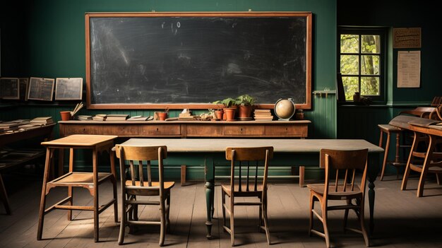 Foto ein klassenzimmer mit einer tafel, auf der steht: niemand sitzt auf dem tisch