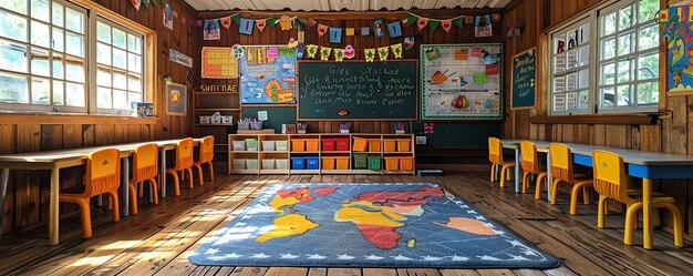 Foto ein klassenzimmer mit ordentlich angeordneten schreibtischen