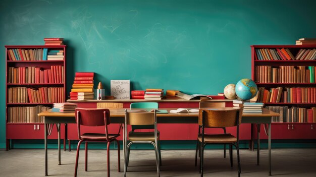 Foto ein klassenzimmer mit schreibtischstühlen und einer tafel