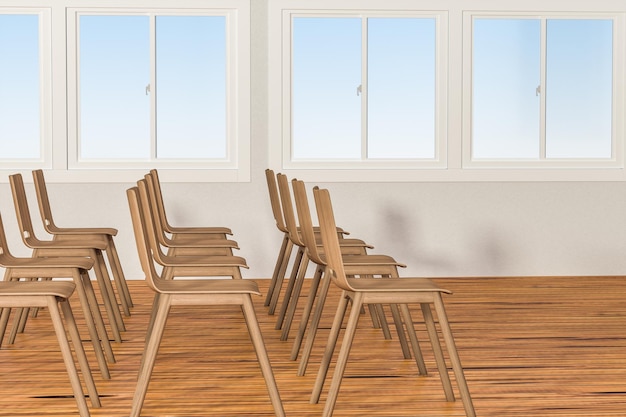 Ein Klassenzimmer mit Stühlen in 3D-Rendering