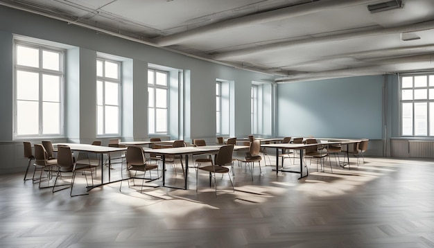 ein Klassenzimmer mit Tischen und Stühlen, mit Tischen oder Stühlen