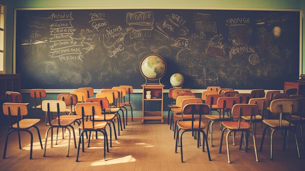 Foto ein klassenzimmer voller vorfreude, im kreis angeordnete vintage-holzstühle