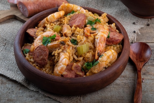 Ein Klassiker der Cajun-Küche ist Jambalaya mit Garnelen und Würstchen. Selektiver Fokus.