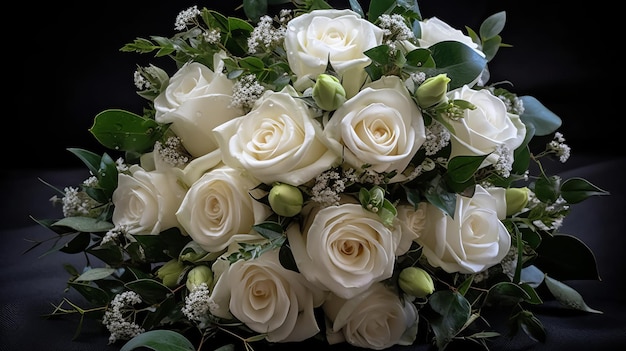 Ein klassisch elegantes Design mit weißen Rosen und zartem Grün, das von der KI generiert wurde