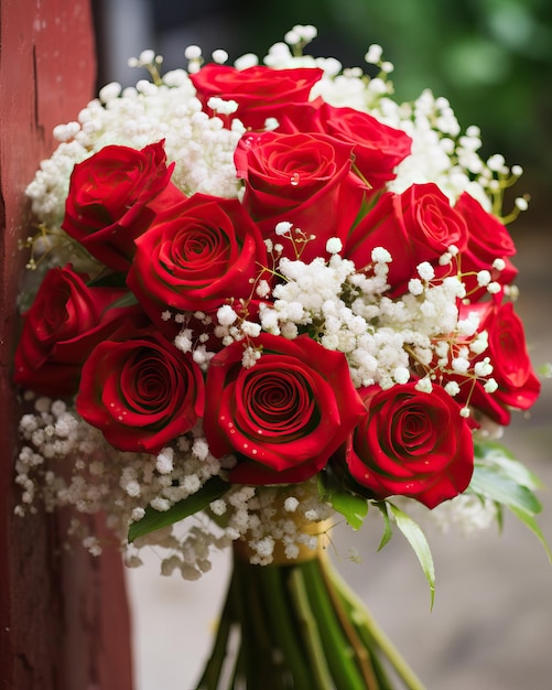 Ein klassischer Bouquet aus samtroten roten Rosen, vermischt mit Sprays aus dem Atem eines weißen Babys