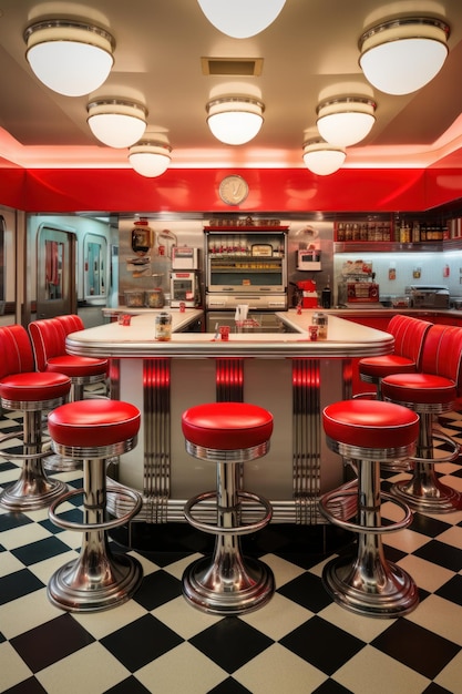 Foto ein klassischer raum im amerikanischen diner-stil mit roten vinylstühlen und chrom-akzenten. ki-generierte illustration