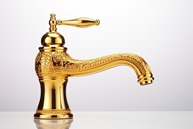 Ein klassischer und eleganter Wasserhahn mit einem goldenen antiken Design vor einem sauberen und isolierten weißen Ba