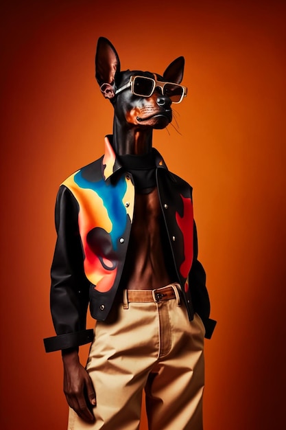 Ein klassischer Vintage-Modehund mit schwarzer Jacke und Sonnenbrille steht vor einer Pflanze