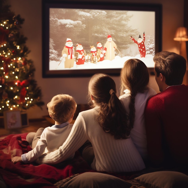 Ein klassischer Weihnachtsfilm, der auf einer Leinwand mit einer Familie gespielt wird, die sich zusammengeschnürt und nostalgische Tra