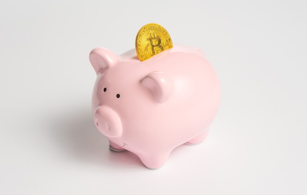 Ein klassisches rosa Sparschwein mit einem Kryptowährungssymbol - eine Bitcoin-Goldmünze