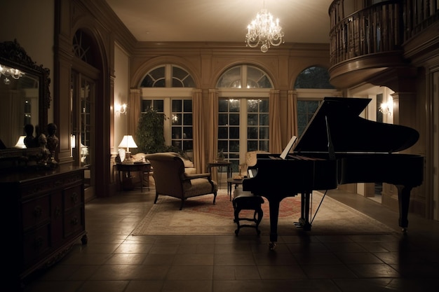 Ein Klavier in einem Raum mit einem Kronleuchter, der von der Decke hängt