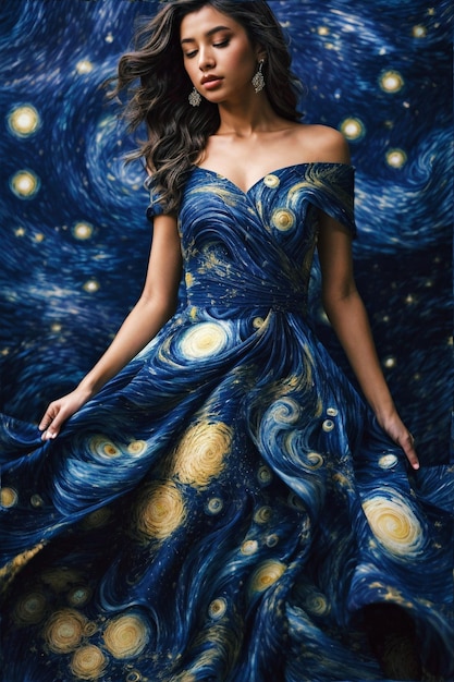 Ein Kleid mit einem wirbelnden Sternennachtmuster, inspiriert von den Werken von Van Gogh