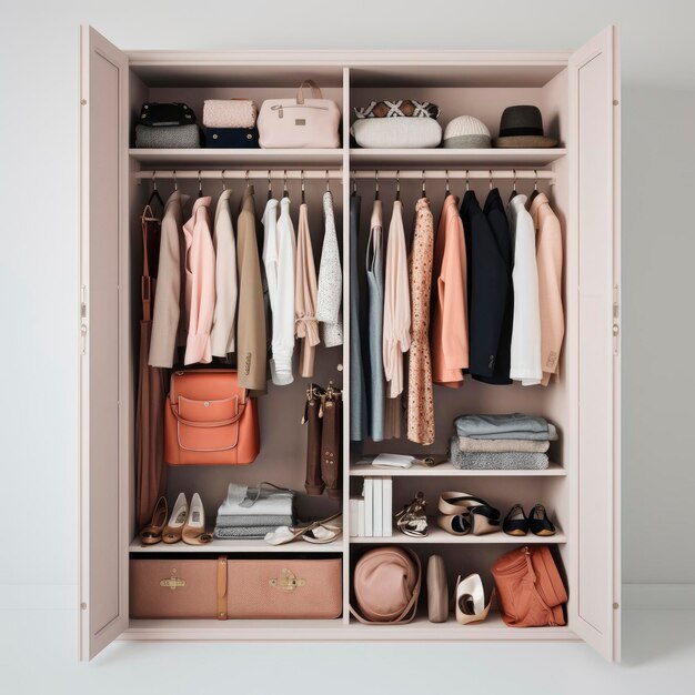 Ein Kleiderschrank mit Kleidung und Accessoires