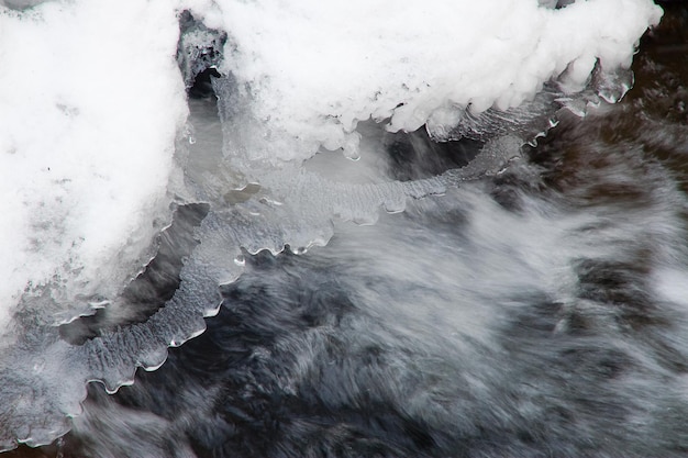 ein kleiner aktiver Wasserfall sauberer Gebirgsbach verschneite Winterlandschaft Tierwelt Hintergrund