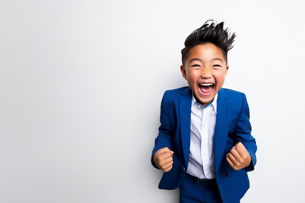 Ein kleiner asiatischer Junge in einem blauen Anzug