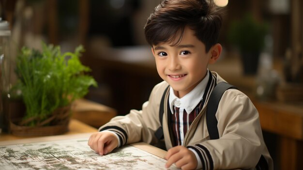 Ein kleiner asiatischer Junge liest ein Buch. Glück, eine schöne Aktivität.