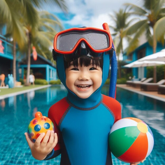 Foto ein kleiner asiatischer junge mit einem ball im pool