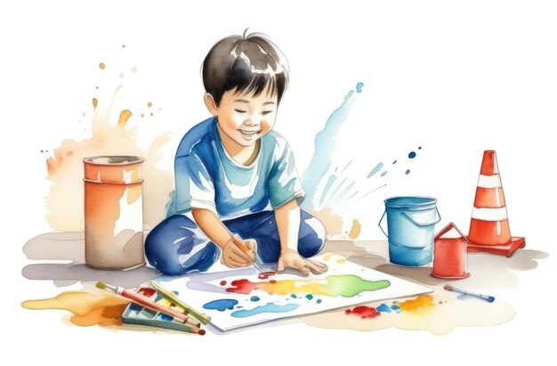 Ein kleiner asiatischer Junge zeichnet in einem Album auf dem Boden, Aquarell-Illustration, kreatives Hobby, Kinderspiel.